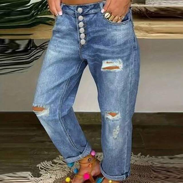 SHEIN Straight Leg Jeans With Single Button Closure, Distressed And Rolled Hem