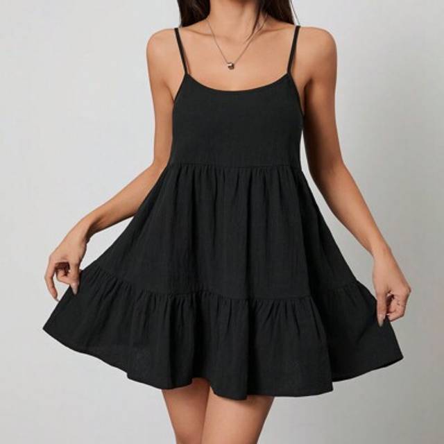 SHEIN Black Casual Suspender Backless Babydoll Dress,Sun Dress