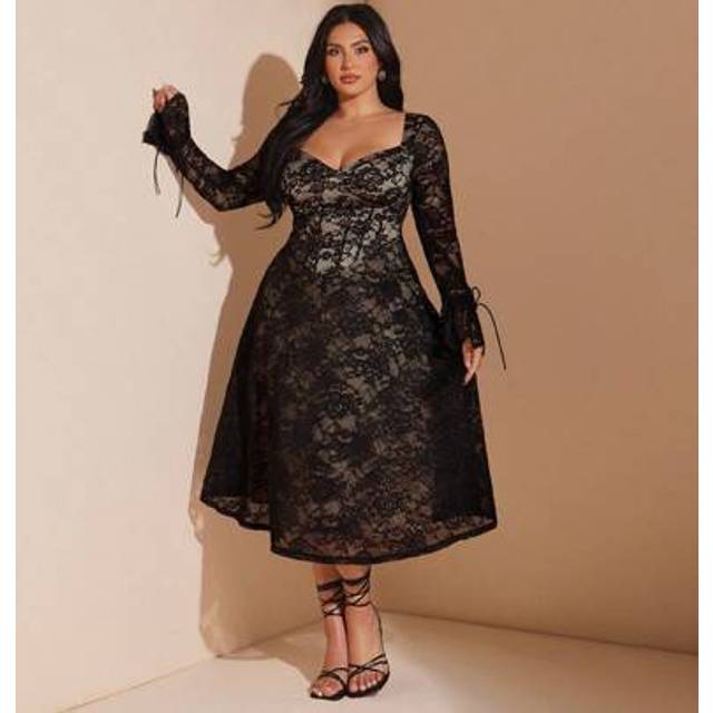 SHEIN Plus Size Summer Vacation Early Spring Black Sexy Simple Elegant Long Sleeve Tutu Corset Lace Dress /Summer Dresses/Formal Dresses For Women/Fall Wedd