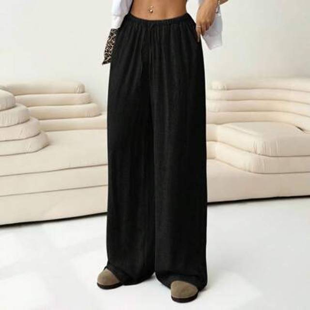 SHEIN Plus Size Solid Color Casual Knotted Wide Leg Pants, Wide Leg Linen Pants,Business Casual Woman