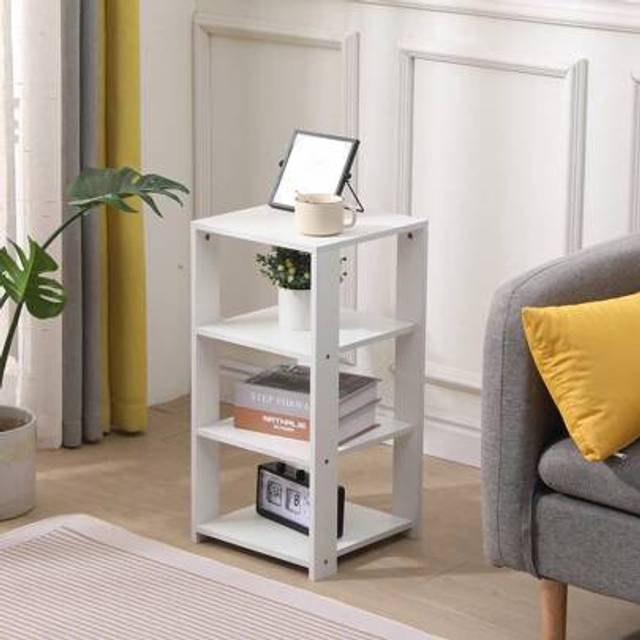 SHEIN Small Living Room Sofa Side End Table, Square Nightstand Bedside Table For Bedroom, 4-Tier Narrow Corner Shelf With Open Shelves For Home Office, Whit
