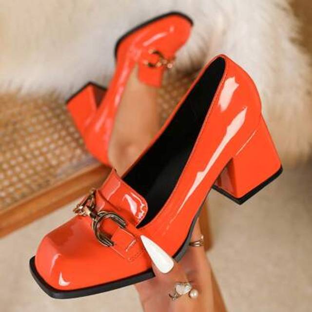 SHEIN Women&#39;s Small Size Chunky Heel Mary Jane Pumps, Square Toe High Heels With Metal Buckle, Fashion Orange High Heels, Comfortable & Sexy Party Pumps