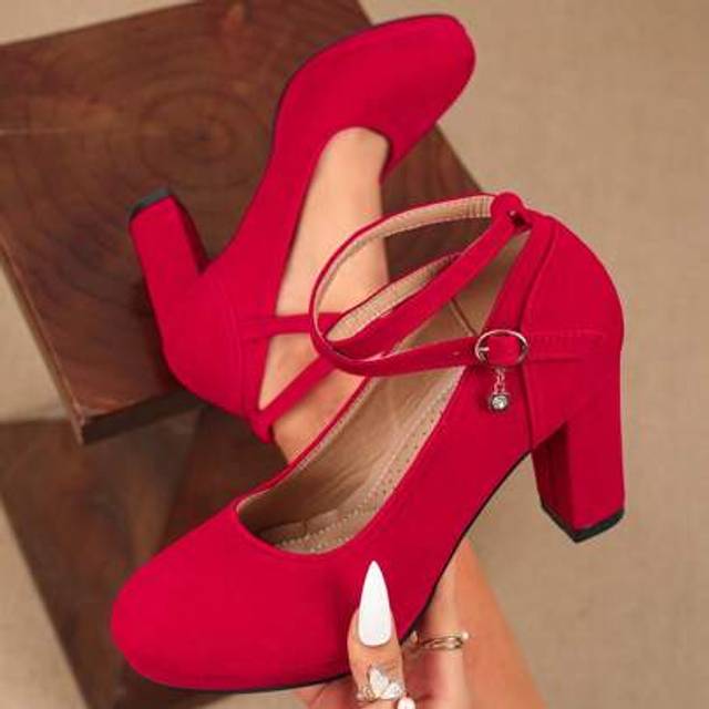 SHEIN Women&#39;s Fall High Heel Shoes, Thick Sole, Criss-Cross Strap Round Toe Chunky Heel Wedding Shoes, Red High Heels, Breathable Soft Shoes