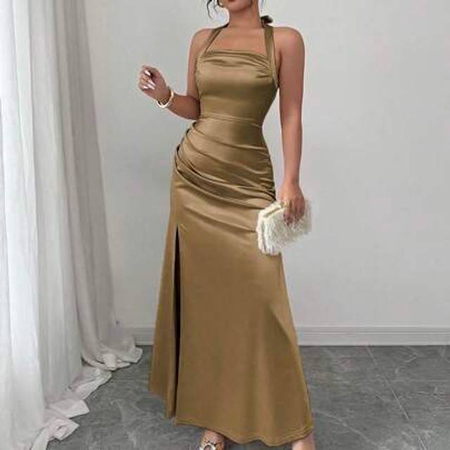 Chiquease Elegant Champagne Color Bodycon Camisole Elastic Satin Hem Side Slit Dress Summer Dress Roupa Para A Universidade