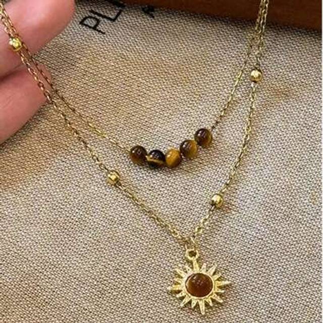 SHEIN 1pc Vintage Gold Sunflower & Tiger Eye Pendant Necklace, Layered Wear Sweater Chain Necklace, Fashion Accessories For Party, Banquet