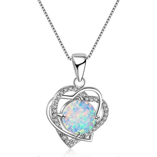 (As show, One size) Heart Shape Pendant Necklace Round Opal Necklace Wedding Anniversary Jewelry Best Gift for Women,White