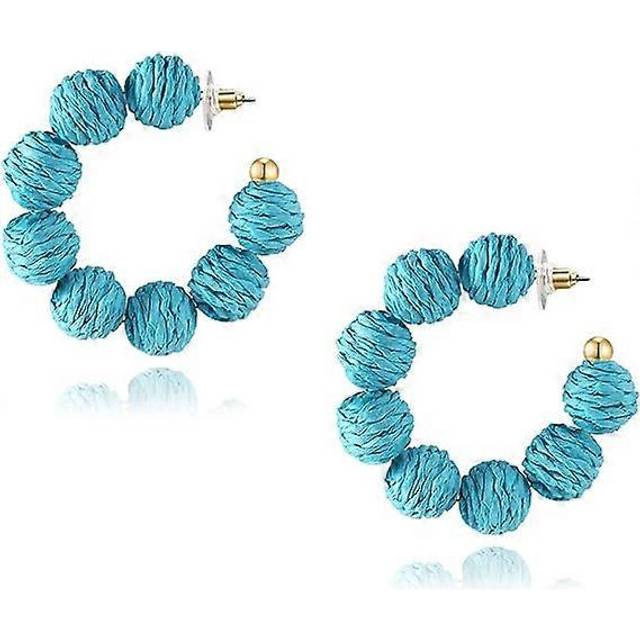 (As show, One size) Rattan Earrings Summer Boho Raffia Ball Hoop Dangle Earrings for Women Girls Lightweight Straw Wicker Statement Earrings Bohemian