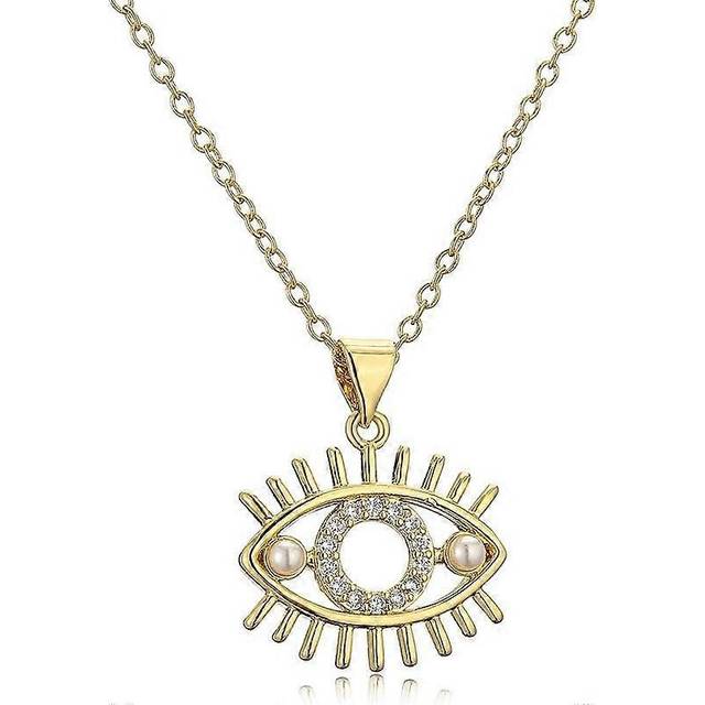 (As show, One size) Hamsa Hand Cubic Zirconia Cross Pearl Turkish Evil Eye Lucky Protection Gold Pendant Graduated Necklace for Women Girls Choker 18K