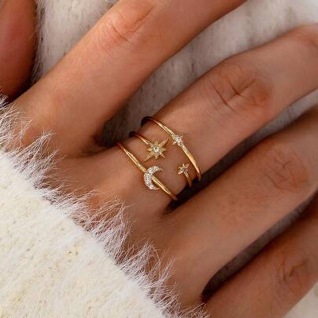 SHEIN 1 Pc Golden Color Cooper Zirconia Star Moon Design Ring Women Luxurious Crystal Ring Adjustable Free Size Band Rings Jewelry