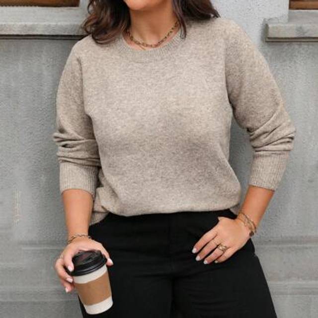 Calvaya Plus Size Minimalist Casual Daily Long Sleeve Pullover Sweater, Winter Knit Pullover Fall Outfit
