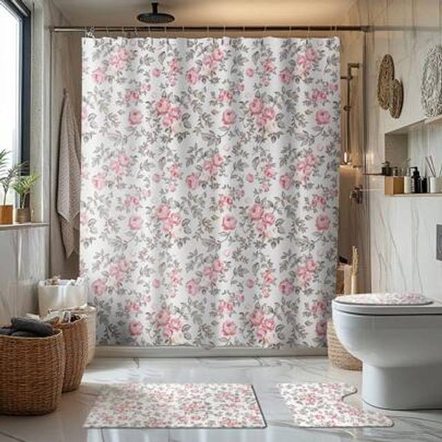 SHEIN 1/4 Pcs Vintage Pink Rose Valentine&#39;s Day Themed Bathroom Sets: Shower Curtain, Bath Mat, U-Shaped Toilet Lid Cover, Waterproof Bathroom Decor, Modern