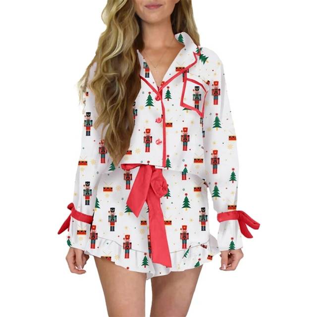 (F, L) Christmas Pajamas For Women Bow Santa Claus Print Long Sleeve Shirts Ruffle Shorts Lounge Set Xmas 2 Piece Sleepwear