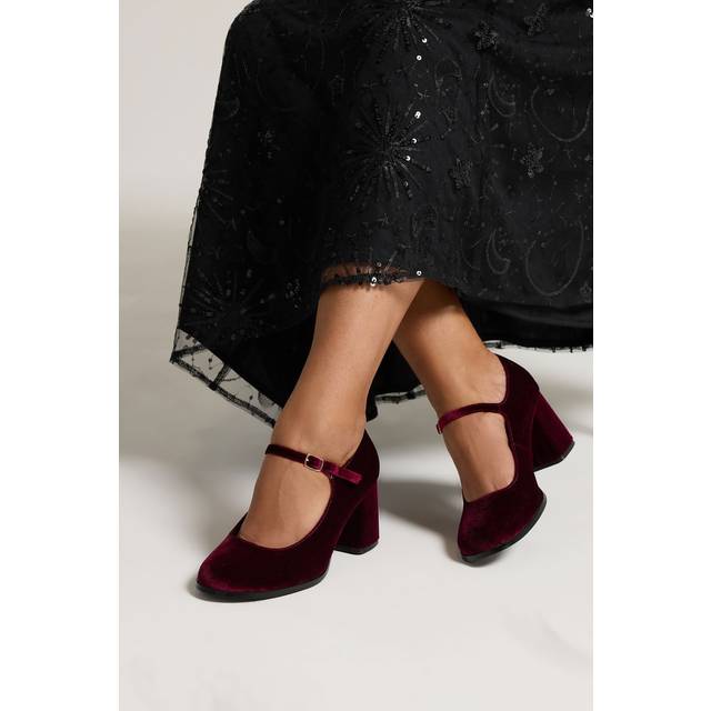 Yours Burgundy Red Velvet Mary Jane Block Heels In Extra Wide Eee Fit Size 5EEE
