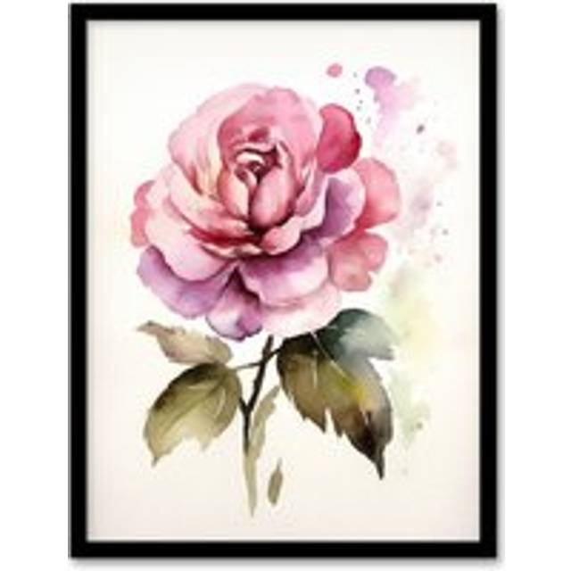 Wall Art Print Pink Rose Bloom Simple Watercolour Painting Single Flower Valentines Love Nature Colourful Bright Floral Modern Artwork Art Framed - W12 inch x H16 inch