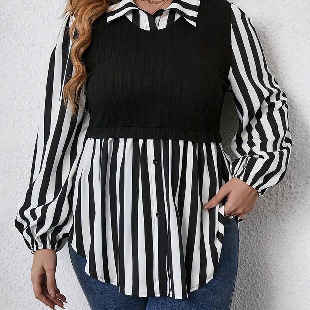TEMU Plus Size Women's Casual Striped Sleeve Blouse - Black & White Contrast, Puffed Shoulders, Classic Collar, Versatile Top, Ladies Sleeve Tops, Puffed Shoulder Design