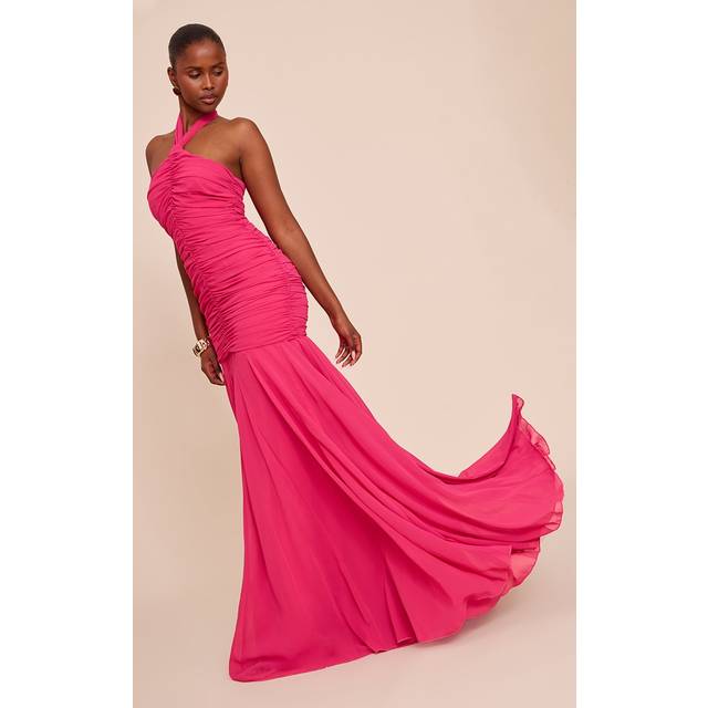Fuschia Chiffon Halterneck Ruched Dropped Waist Maxi Dress, Fuschia - 12