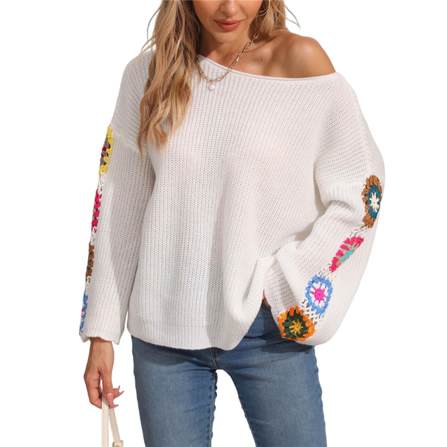 (M, White) Womens Classic Boho Floral Crochet Long Sleeve Sweaters Casual Pullover Knitwear for Fall Winter Basic Tops S
