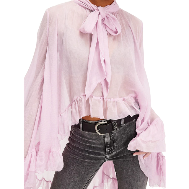 (L, Pink) Women Long Bell Sleeve Frill See Through Sheer Mesh Blouse High Low Hem Ruffled Sexy- Flowy Shawl Shirt Orange Color S