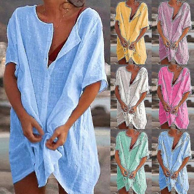 (XL, blue) Hot 2023 Cotton Tunics For Beach Women Swimsuit Cover-ups Woman Swimwear Beach Cover Up Beachwear Mini Dress Sai De Praia Drop