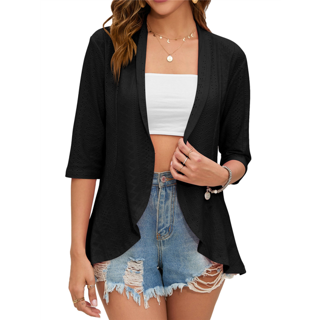(XL, Black) Summer Cardigan for Women Spring Netted Knit Ruffle Half Sleeve Cover Ups Dark Green S