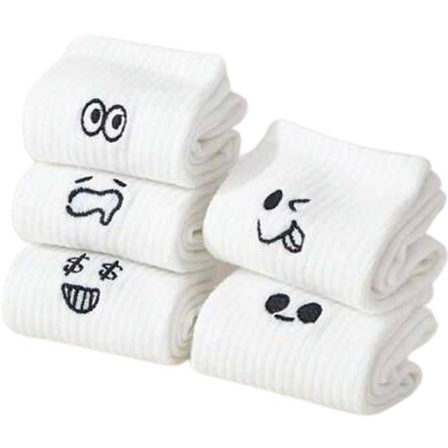 SHEIN 5 /10/20 Pairs/Pack White Couple Cartoon Expression Design Simple & Breathable Children&#39;s Mid-Calf Socks