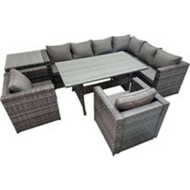 Fimous Rattan Garden Furniture Set Outdoor 8 Seater Patio Dining Corner Sofa Sets with Dining Table 2 Chairs Side Table Dark Grey Mixed