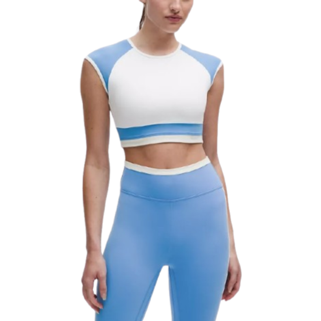 lululemon – Crop-Kurzarmshirt aus Nulu Set des Monats: Retro-Remix für Frauen – Größe M in White/Pool Party/Bone