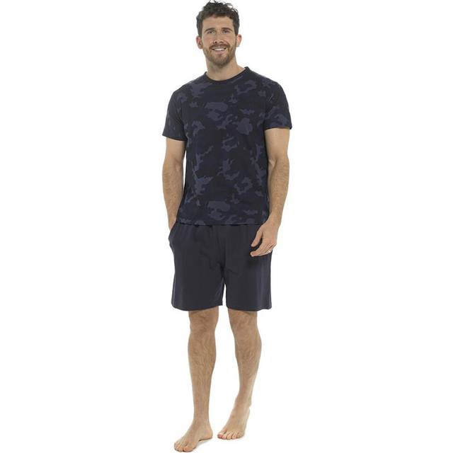 (L, Camo Blue) Men Camouflage Top Shorts Nightwear 2 Piece Set