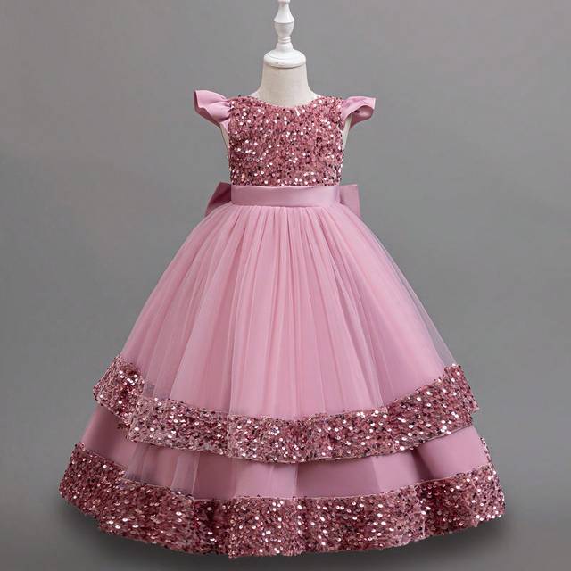SHEIN Young Girl Wedding Party Birthday Christmas Halloween Plane Sleeve Mesh Sequined Long Dress With Deep V-Neck Bowknot Back Princess Dress