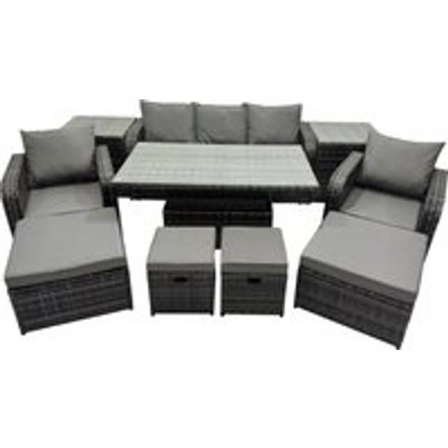 Rattan Garden Furniture Dining Set 8-seater Patio Height Adjustable Rising Lifting Table Sofa Set with 2 Side Table 2 Big Footstool Dark Grey Mixed