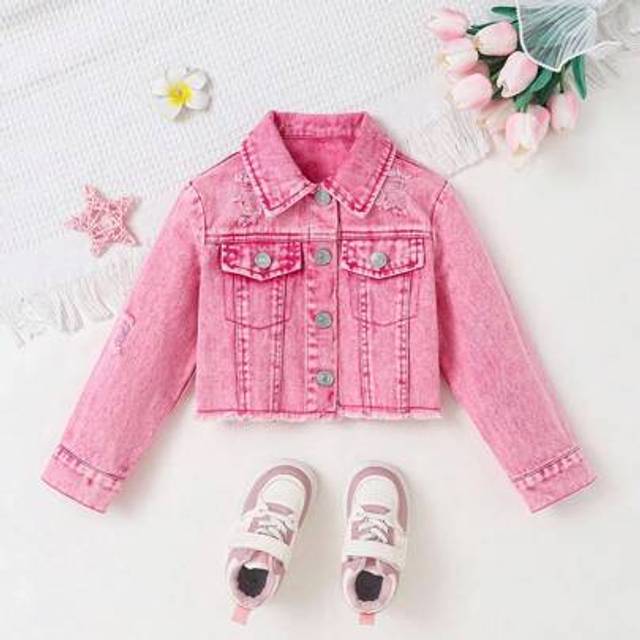 SHEIN Girls&#39; Colorful Denim Jacket, Personalized Versatile Comfortable Casual Vacation Fashion Cute Pink Washed Soft Non-Stretch Frayed Denim Long Sleeve Ja