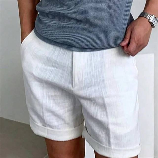 (White, 2XL) Men's Linen Oblique Pocket Solid Color Comfortable Breathable Sports Outdoor Daily Shorts