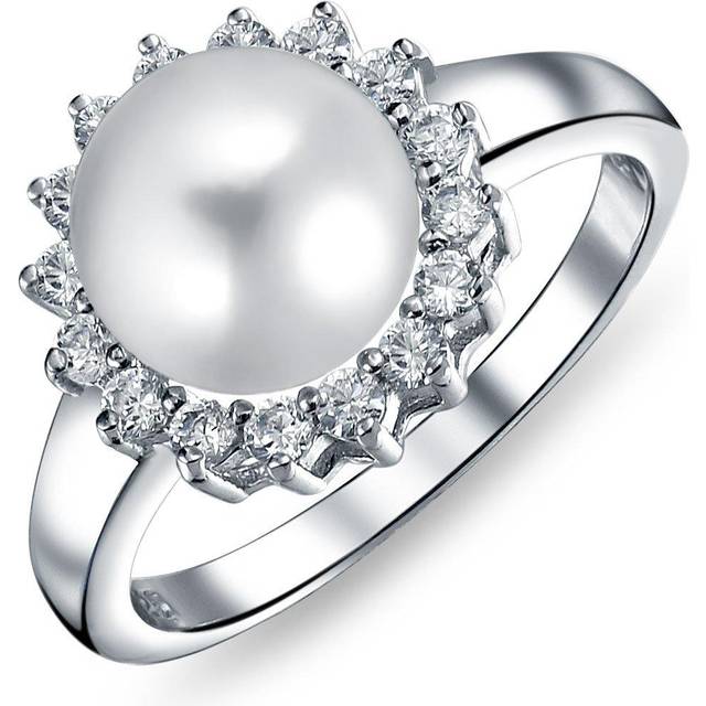 Traditional Timeless Wedding CZ Halo Solitaire Simulated White Pearl Cocktail Engagement Ring for Women Sterling [Bling Jewelry] .925 Silver. white