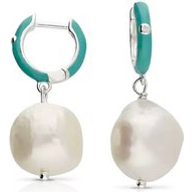 John Greed Signature Silver CZ Turquoise Enamel Freshwater Pearl Hoop Earrings For Women - blue/silver
