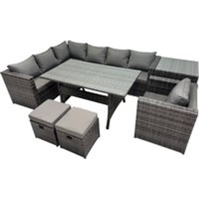 Fimous Outdoor PE Rattan Sofa Set with Dining Table Patio Garden Furniture Sets with Chair 2 Small Stool Side Table Dark Grey Mixed
