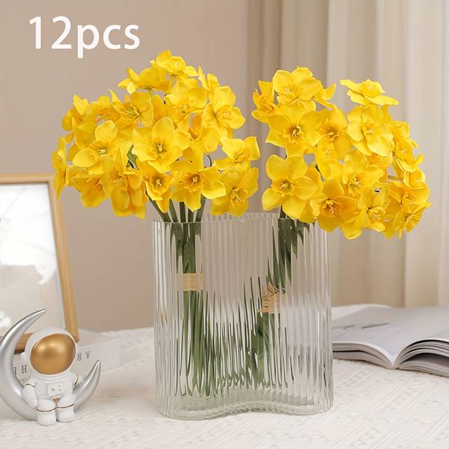 TEMU 6pcs/12pcs Artificial Daffodil Flower Bouquet, Metal Home Decor Fake Flowers For Wedding And Engagement, No Container, Room Types, No Electricity Or Battery Needed