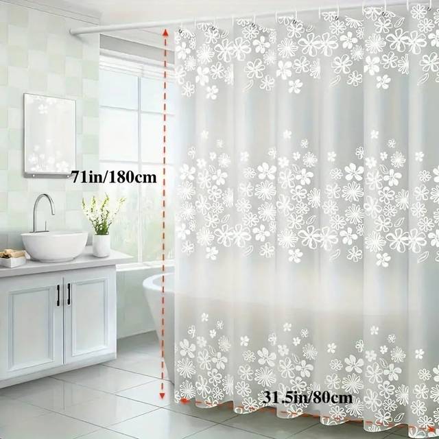 TEMU Floral Print Semi-transparent Shower Curtain With Hooks, Waterproof Hypoallergenic Bathroom