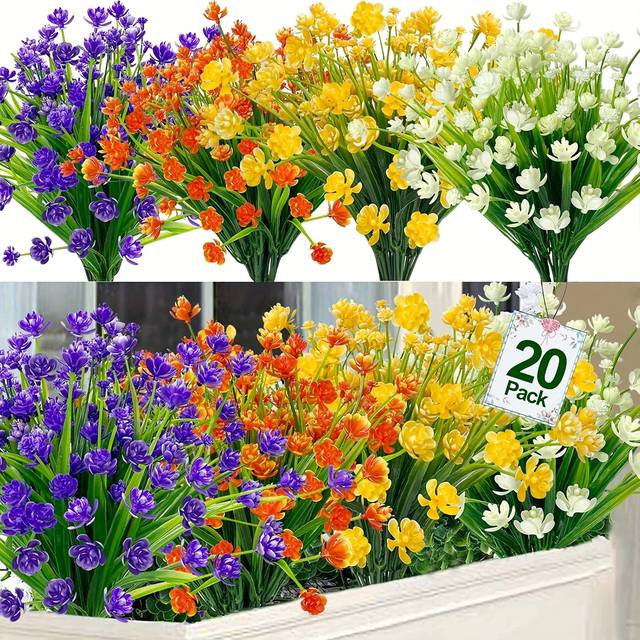 TEMU 20 Bundles Artificial Flowers For Outdoors Fake Plants Spring Summer Decor, Uv Resistant Artificial Plants Cemetery Fake Flowers Plastic Greenery Shrub For Home Porch Decor(mix Colors