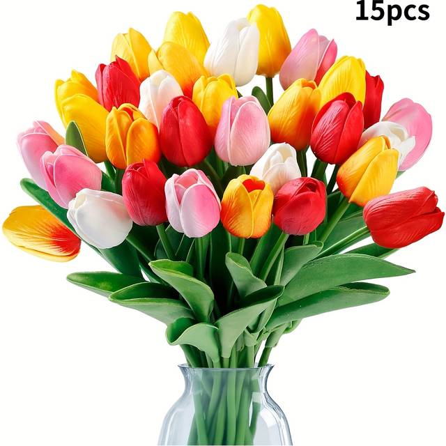 TEMU 15 Artificial Pu Tulips, Suitable For Wedding Spring Bouquets, Floral Arrangements, Home Parties, And Office Decorations.