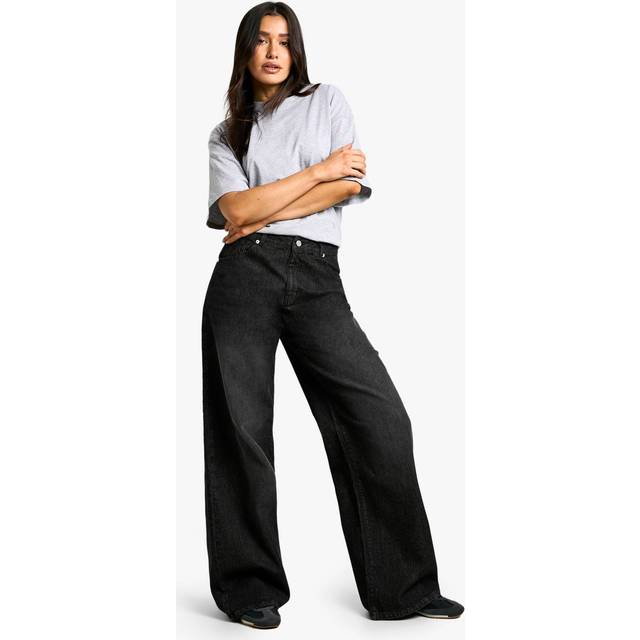 boohoo Women's Tall Basic High Waist Super Wide Leg Jean in Washed Black | Size: 8/34L