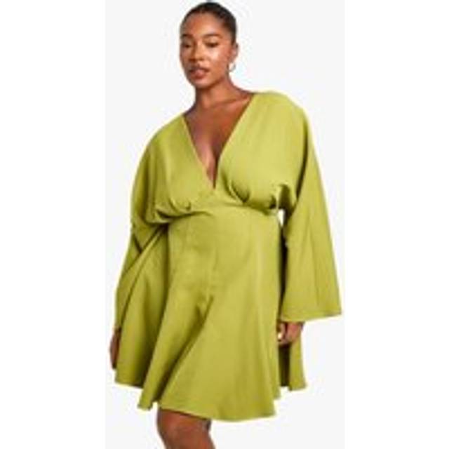 Womens Plus Pleated Skirt Long Sleeve Skater Dress - Green - 26, Green