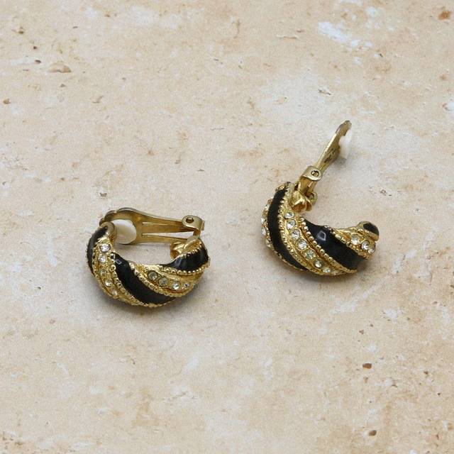 Vintage Statement Enamel & Pave Twist Clip-On Earrings - Orelia Vintage - Gold