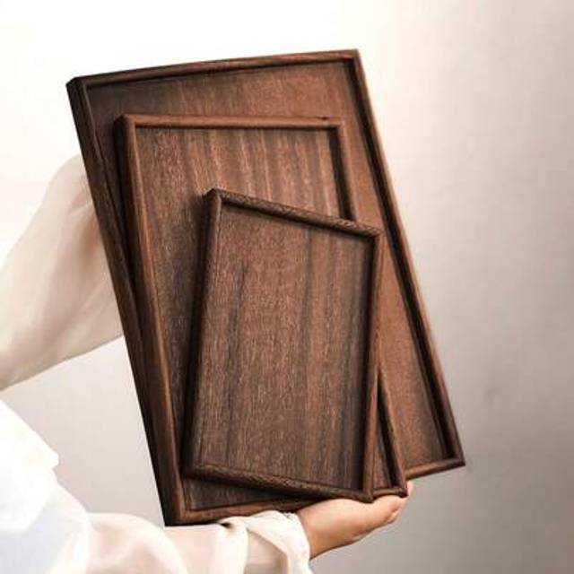 SHEIN 1pc/3pcs Brown Wooden Rectangular & Round Serving Tray, Household Dessert Plate, Hotel Restaurant Coffee Plate, Tea Tray, Fruit, Sushi, Steak, Bread,