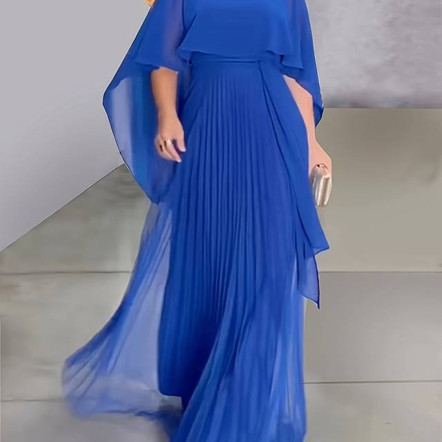 TEMU Elegant Solid Color Round Neck Pleated Fake Two-piece Long Swing Dress