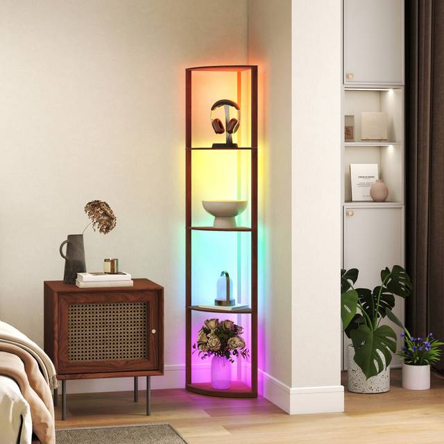 HOMCOM RGB LED Floor Lamp with Shelves and Remote Control for Living Room - Brown | TJ Hughes
