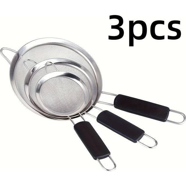 TEMU Three-piece Stainless Steel Large Colander Set For Home Use, Soy Milk And Hot Pot Draining With Black Handle Flour Sifter Kitchen Utensils Filter Mesh Colander