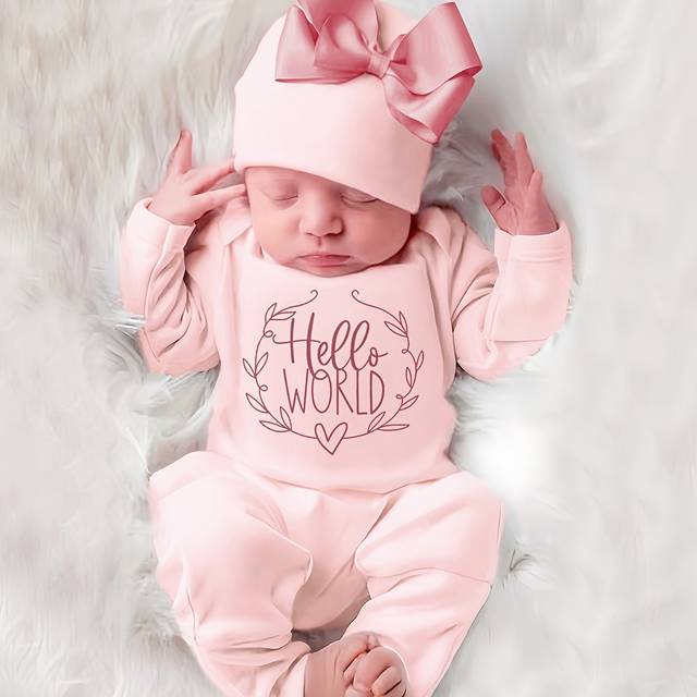 TEMU 2pcs Newborn Baby Bodysuit And Hat Set With Cute Large Bow - Long Sleeve Embroidered Romper, Outdoor