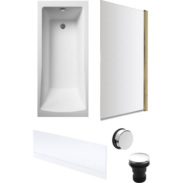 Square Single Ended Bath, Brushed Brass Screen, Front Panel, Chrome Waste-1700x700mm