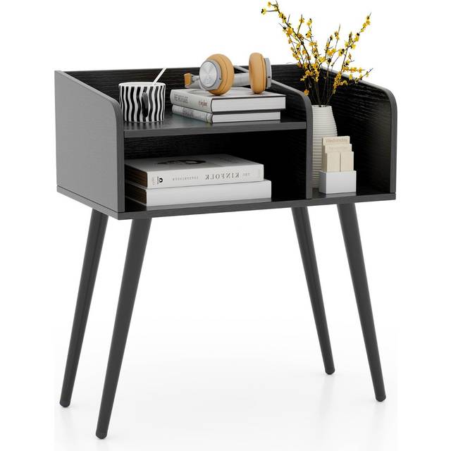 2-Tier Mid Century Modern Nightstand with Open Shelves-Black