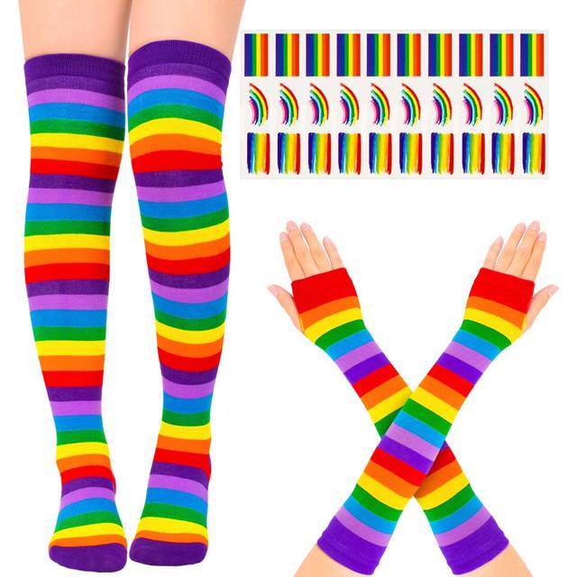Rainbow Thick Knee High Socks Stripe Arm Warmer Gloves with 30 Pcs Gay Pride Tattoos for Women Girls Cosplay Party Accessory Parade Decoration,
